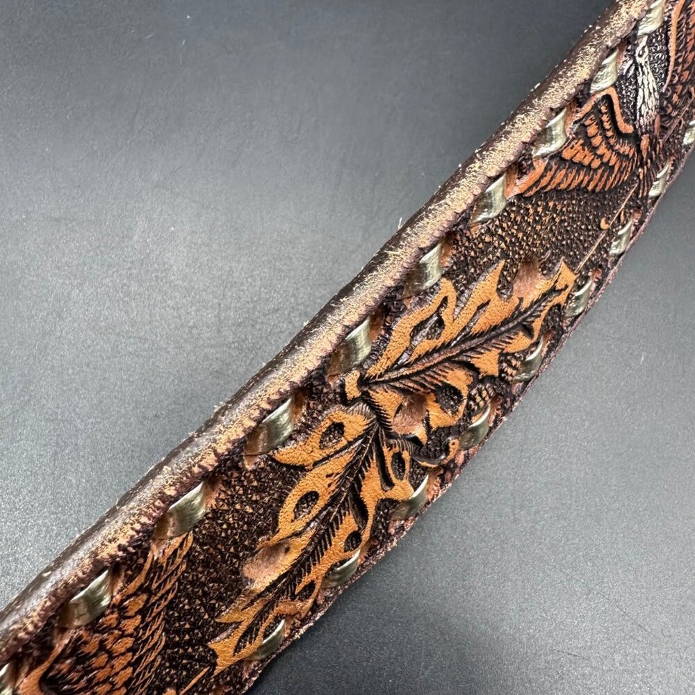 Vintage Leather Belt Eagle Leaf Western Personalized Ron Size 44 Handmade Retro - Picture 7 of 9